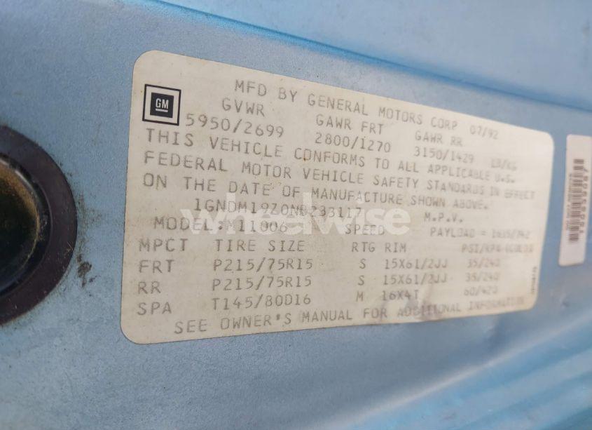 Photo 9 of 1992 Chevrolet Astro (VIN 1GNDM19Z0NB233117)