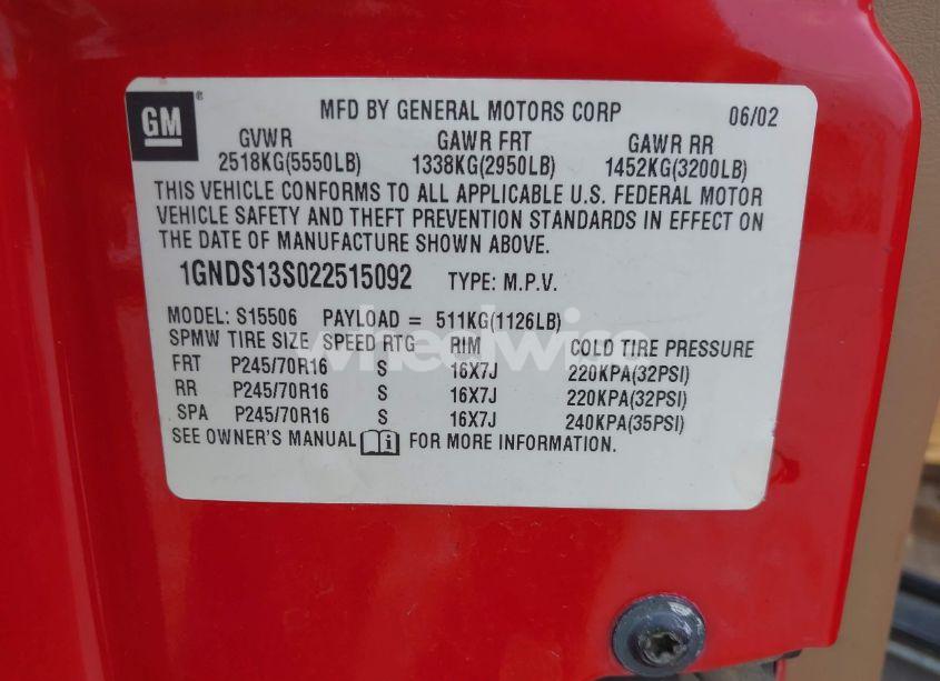 Photo 9 of 2002 Chevrolet Trailblazer (VIN 1GNDS13S022515092)