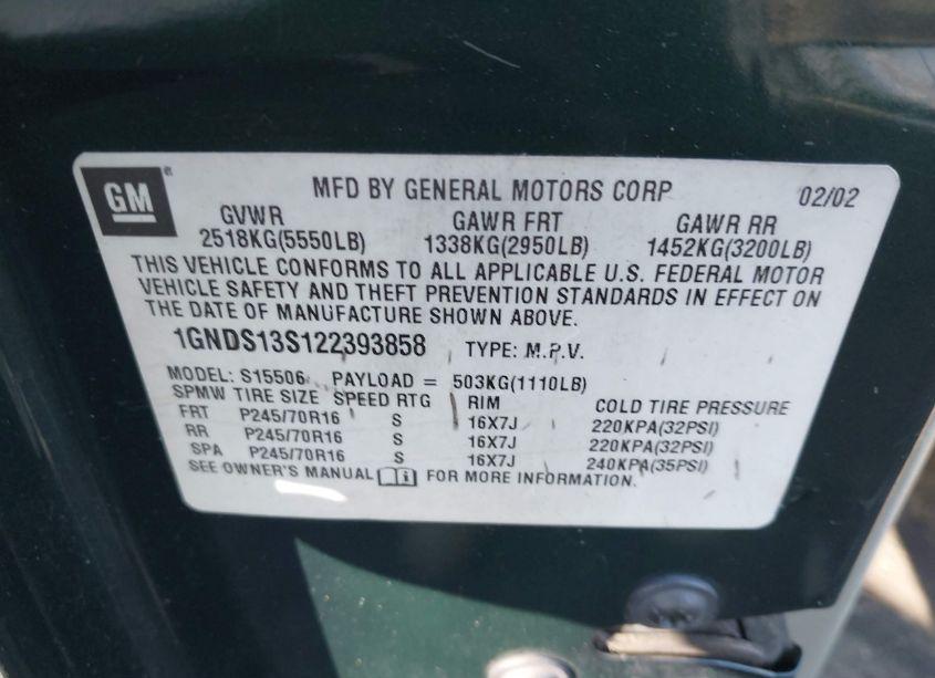 Photo 9 of 2002 Chevrolet Trailblazer (VIN 1GNDS13S122393858)