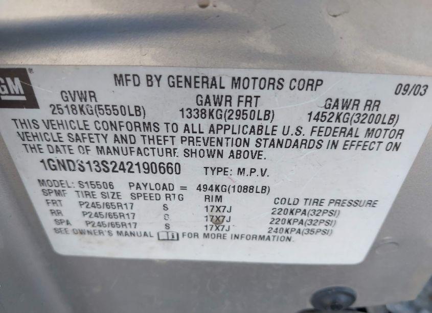 Photo 9 of 2004 Chevrolet Trailblazer LT (VIN 1GNDS13S242190660)