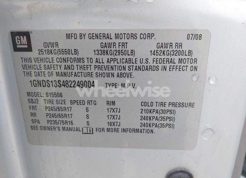 Photo 9 of 2008 Chevrolet Trailblazer LT (VIN 1GNDS13S482249004)