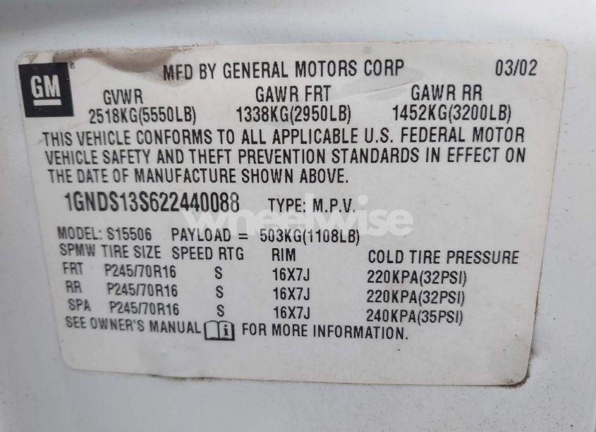 Photo 9 of 2002 Chevrolet Trailblazer LS (VIN 1GNDS13S622440088)