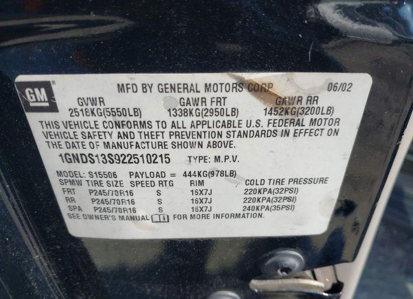 Photo 9 of 2002 Chevrolet Trailblazer LT (VIN 1GNDS13S922510215)