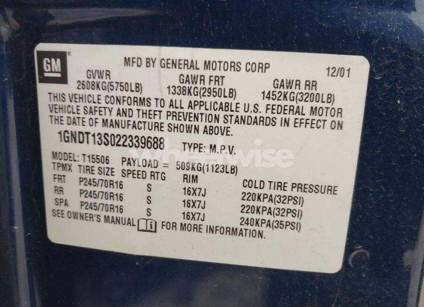 Photo 9 of 2002 Chevrolet Trailblazer LS (VIN 1GNDT13S022339688)