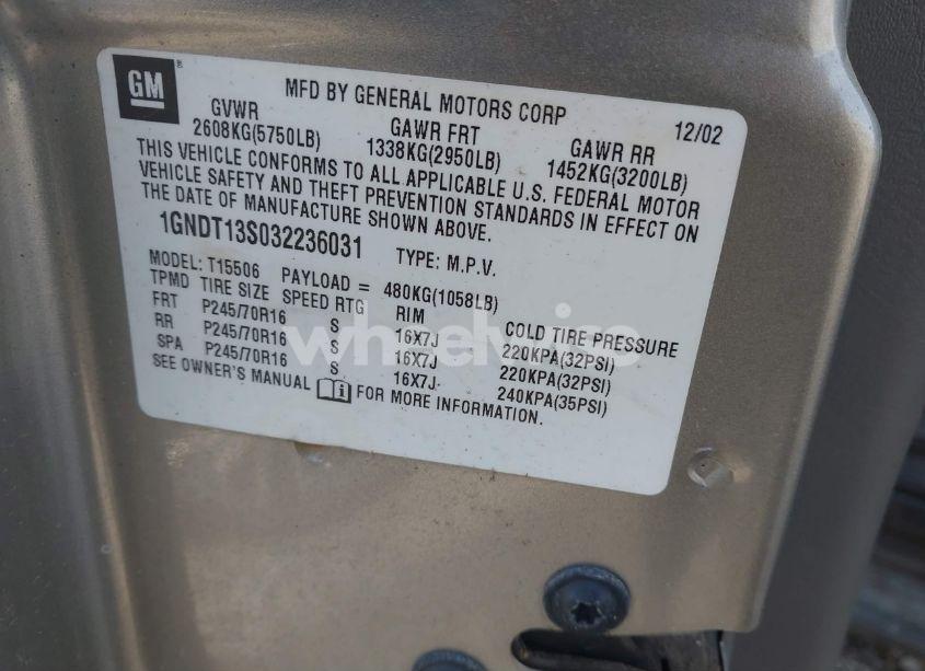 Photo 9 of 2003 Chevrolet Trailblazer LT (VIN 1GNDT13S032236031)