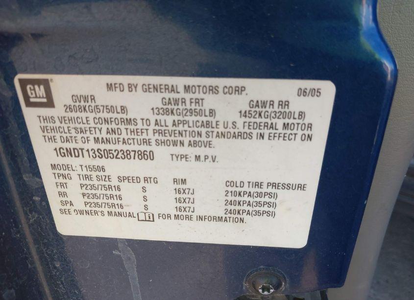 Photo 9 of 2005 Chevrolet Trailblazer LS (VIN 1GNDT13S052387860)