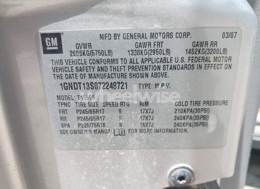 Photo 9 of 2007 Chevrolet Trailblazer LS (VIN 1GNDT13S072248721)