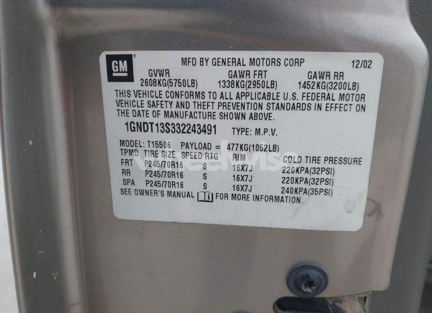 Photo 9 of 2003 Chevrolet Trailblazer LT (VIN 1GNDT13S332243491)