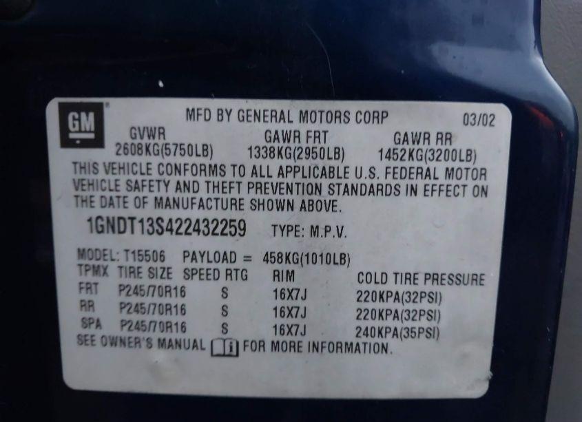 Photo 9 of 2002 Chevrolet Trailblazer LT (VIN 1GNDT13S422432259)