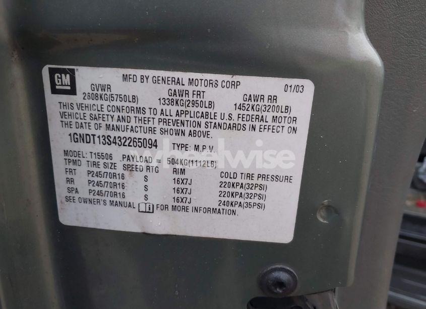 Photo 9 of 2003 Chevrolet Trailblazer LT (VIN 1GNDT13S432265094)