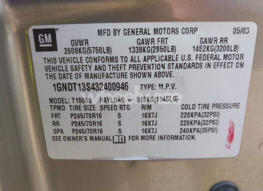 Photo 9 of 2003 Chevrolet Trailblazer LS (VIN 1GNDT13S432400946)