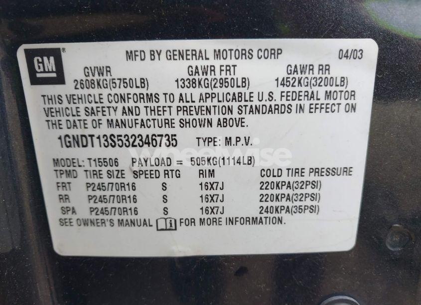 Photo 9 of 2003 Chevrolet Trailblazer LT (VIN 1GNDT13S532346735)