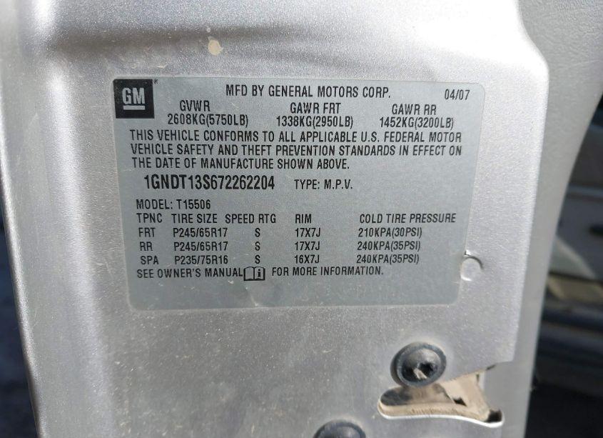 Photo 9 of 2007 Chevrolet Trailblazer LS (VIN 1GNDT13S672262204)