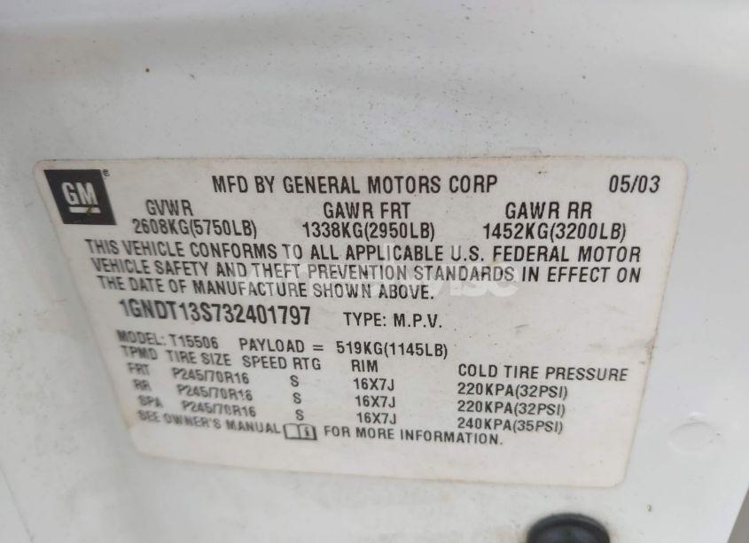 Photo 9 of 2003 Chevrolet Trailblazer LS (VIN 1GNDT13S732401797)