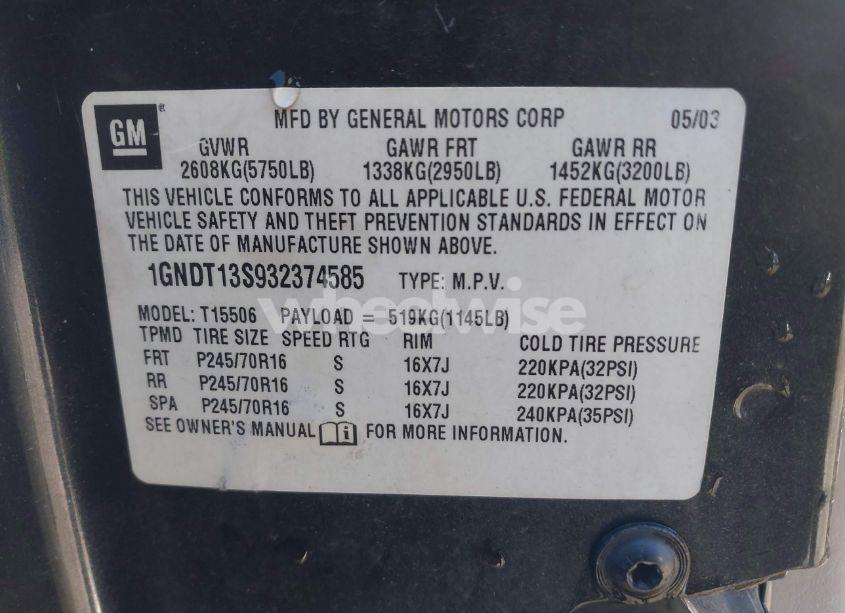 Photo 9 of 2003 Chevrolet Trailblazer LS (VIN 1GNDT13S932374585)