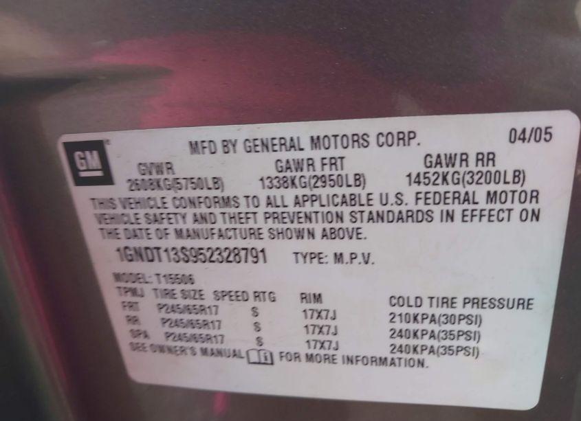 Photo 9 of 2005 Chevrolet Trailblazer LT (VIN 1GNDT13S952328791)