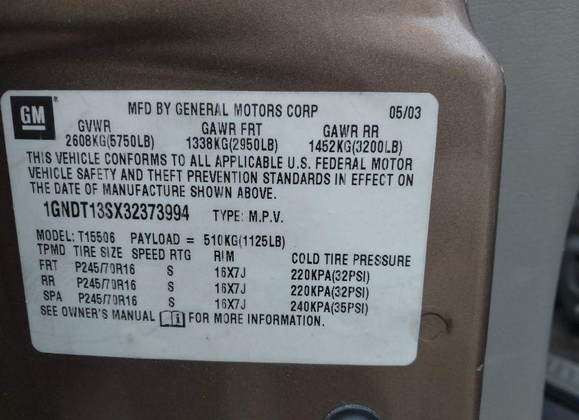 Photo 9 of 2003 Chevrolet Trailblazer LT (VIN 1GNDT13SX32373994)