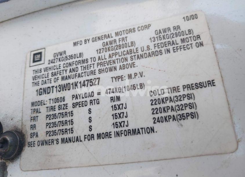 Photo 9 of 2001 Chevrolet Blazer (VIN 1GNDT13W012147527)