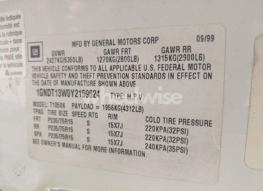 Photo 9 of 2000 Chevrolet Blazer TRAILBLAZER (VIN 1GNDT13W0Y2159624)