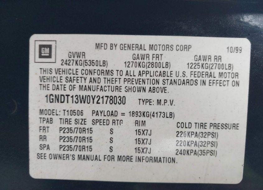 Photo 9 of 2000 Chevrolet Blazer LS (VIN 1GNDT13W0Y2178030)