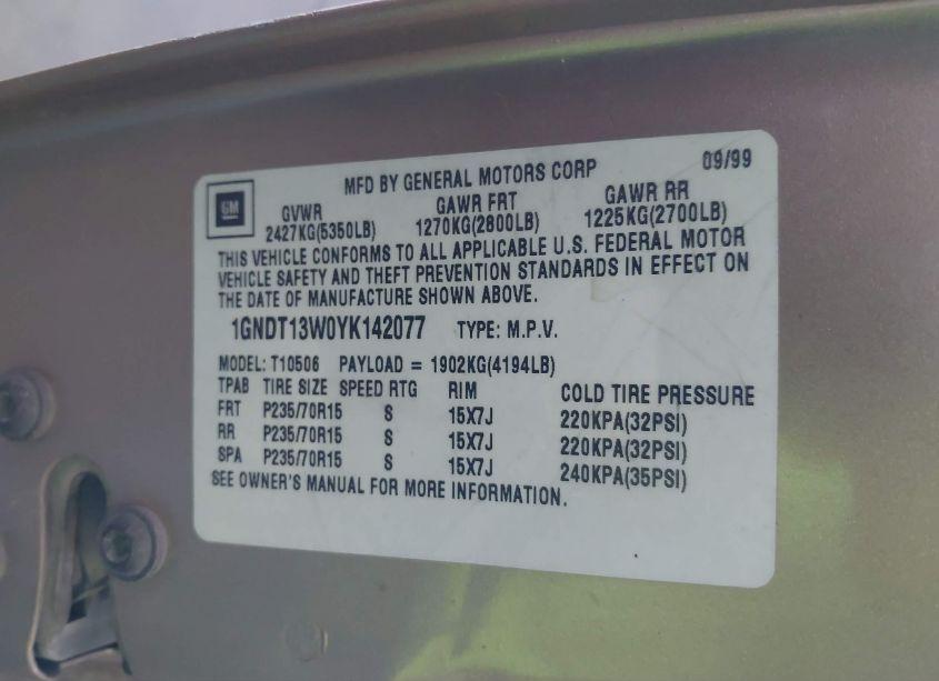 Photo 9 of 2000 Chevrolet Blazer LS (VIN 1GNDT13W0YK142077)