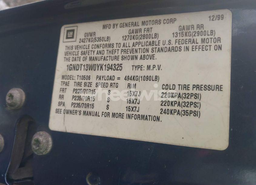 Photo 9 of 2000 Chevrolet Blazer LS (VIN 1GNDT13W0YK194325)