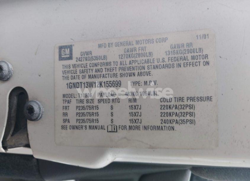 Photo 9 of 2002 Chevrolet Blazer LS (VIN 1GNDT13W12K155699)