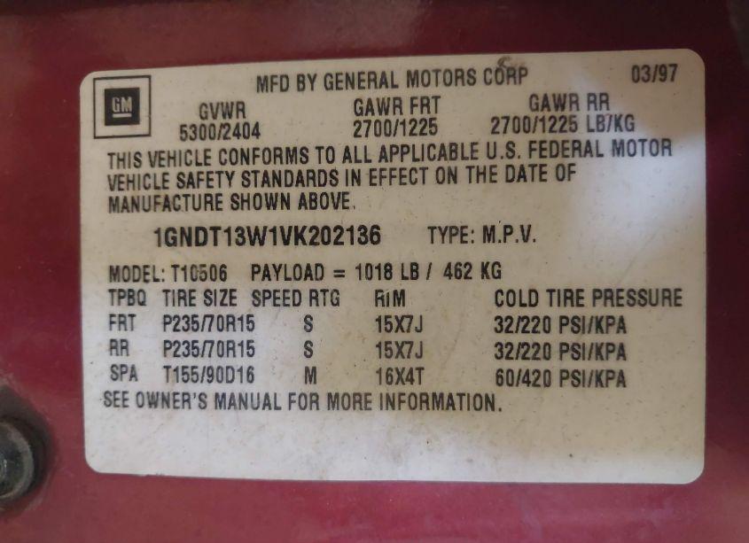 Photo 9 of 1997 Chevrolet Blazer LS (VIN 1GNDT13W1VK202136)