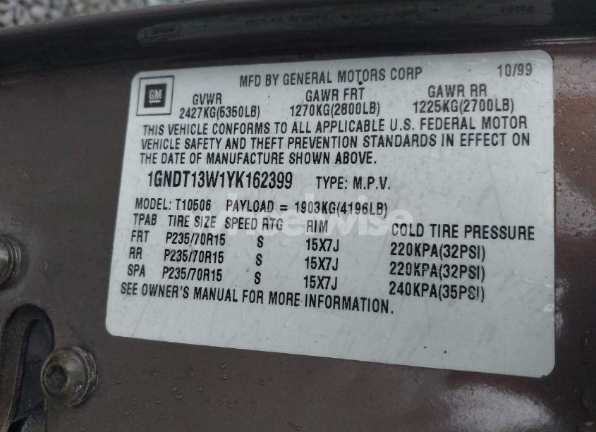 Photo 9 of 2000 Chevrolet Blazer LS (VIN 1GNDT13W1YK162399)