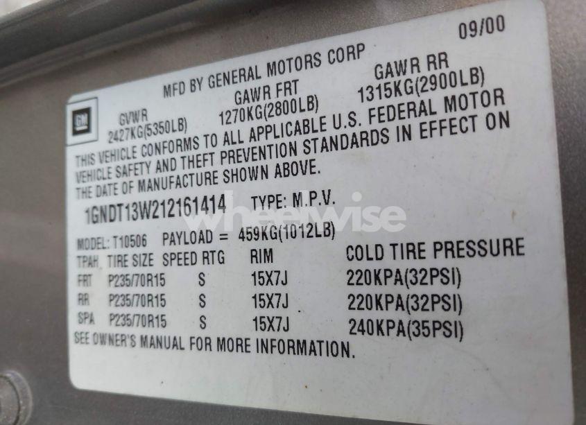 Photo 9 of 2001 Chevrolet Blazer LT (VIN 1GNDT13W212161414)