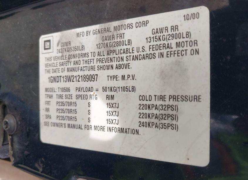 Photo 9 of 2001 Chevrolet Blazer LS (VIN 1GNDT13W212189097)