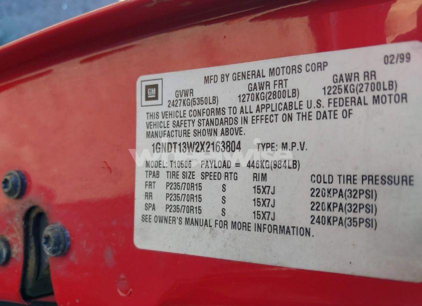 Photo 9 of 1999 Chevrolet Blazer LT (VIN 1GNDT13W2X2163804)