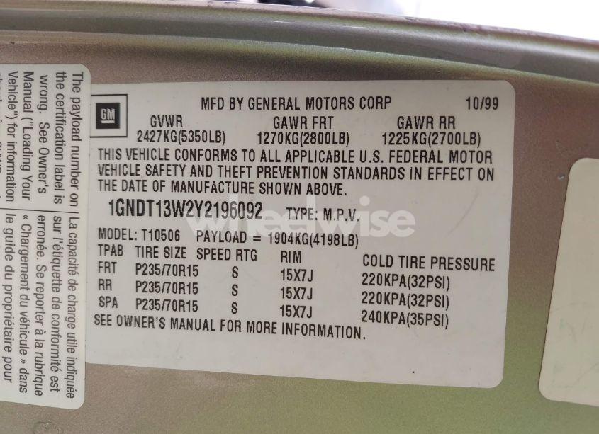 Photo 9 of 2000 Chevrolet Blazer LS (VIN 1GNDT13W2Y2196092)