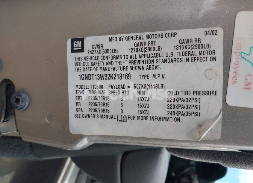 Photo 9 of 2002 Chevrolet Blazer LS (VIN 1GNDT13W32K218169)