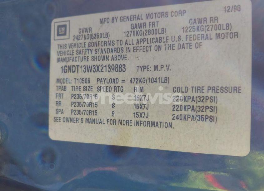 Photo 9 of 1999 Chevrolet Blazer LS (VIN 1GNDT13W3X2139883)