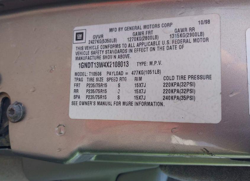 Photo 9 of 1999 Chevrolet Blazer LS (VIN 1GNDT13W4X2108013)