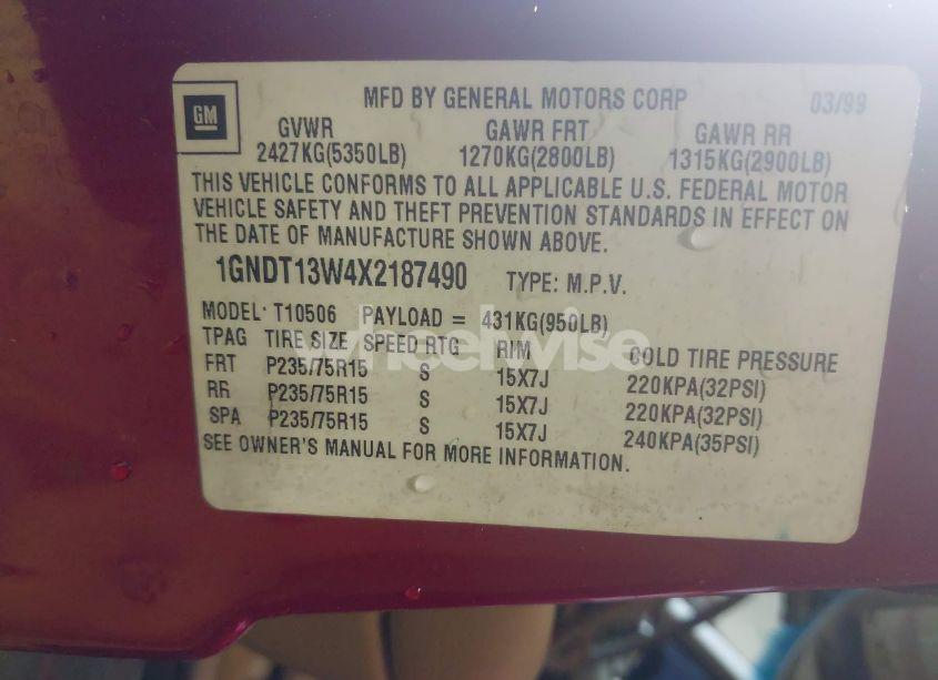 Photo 9 of 1999 Chevrolet Blazer TRAILBLAZER (VIN 1GNDT13W4X2187490)