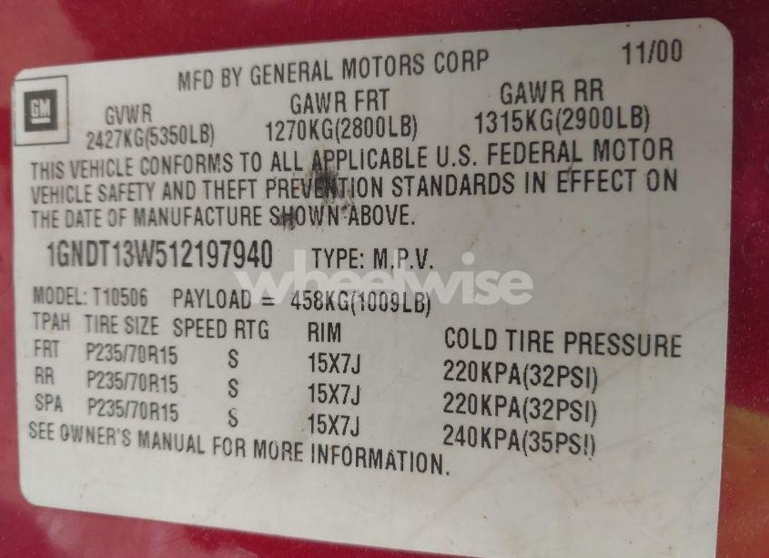 Photo 9 of 2001 Chevrolet Blazer LT (VIN 1GNDT13W512197940)