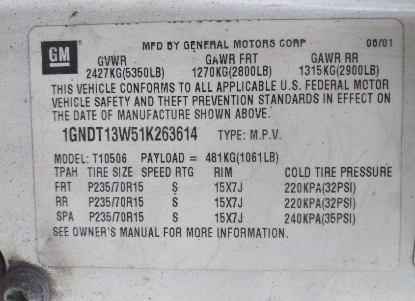 Photo 9 of 2001 Chevrolet Blazer LT (VIN 1GNDT13W51K263614)