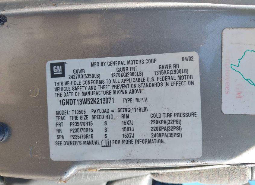 Photo 9 of 2002 Chevrolet Blazer LS (VIN 1GNDT13W52K213071)