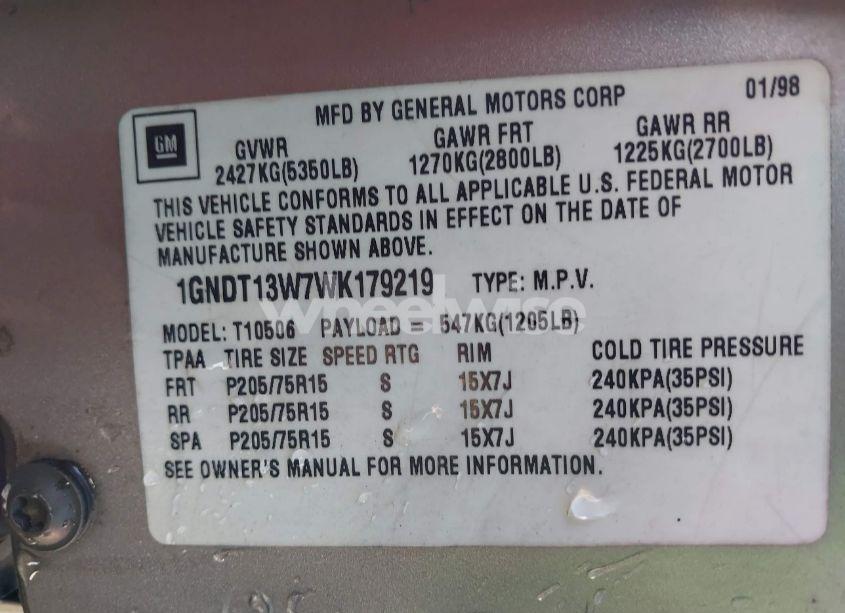 Photo 9 of 1998 Chevrolet Blazer (VIN 1GNDT13W7WK179219)