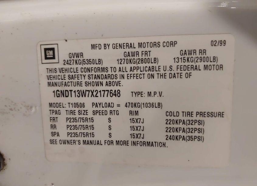 Photo 9 of 1999 Chevrolet Blazer LS (VIN 1GNDT13W7X2177648)