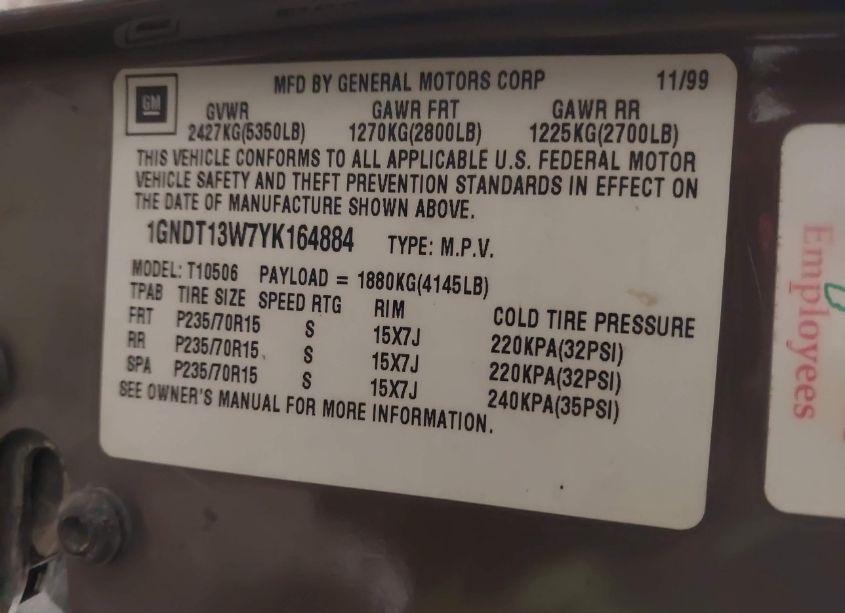 Photo 9 of 2000 Chevrolet Blazer LS (VIN 1GNDT13W7YK164884)