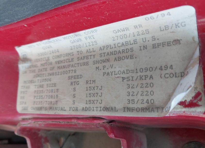 Photo 9 of 1995 Chevrolet Blazer (VIN 1GNDT13W8S2100778)