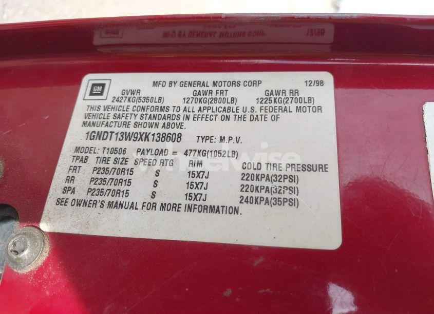 Photo 9 of 1999 Chevrolet Blazer LS (VIN 1GNDT13W9XK138608)