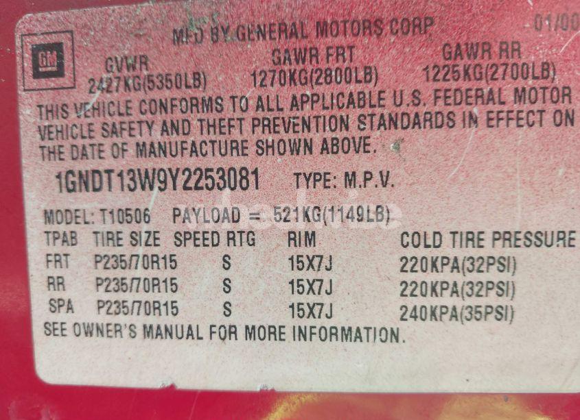 Photo 9 of 2000 Chevrolet Blazer LS (VIN 1GNDT13W9Y2253081)