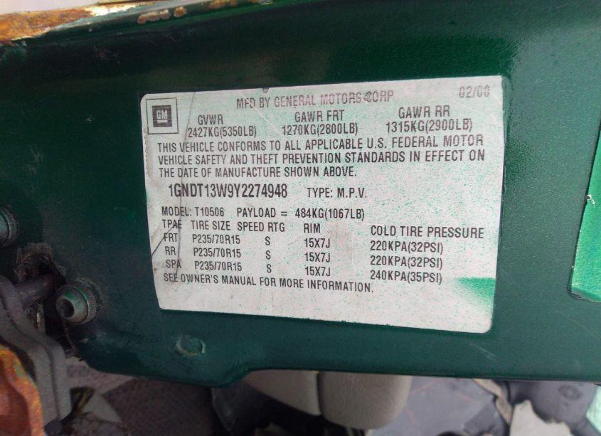 Photo 9 of 2000 Chevrolet Blazer LT (VIN 1GNDT13W9Y2274948)