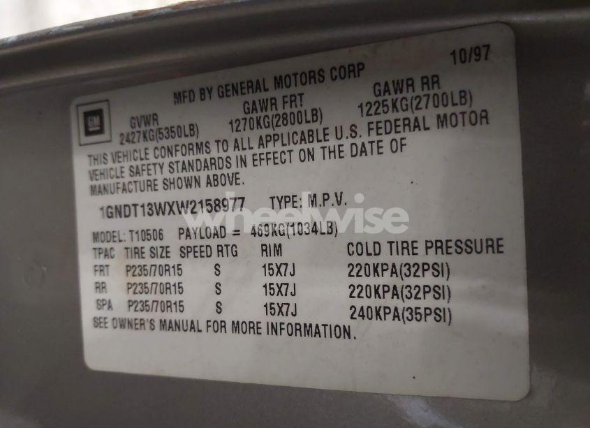 Photo 9 of 1998 Chevrolet Blazer LT (VIN 1GNDT13WXW2158977)