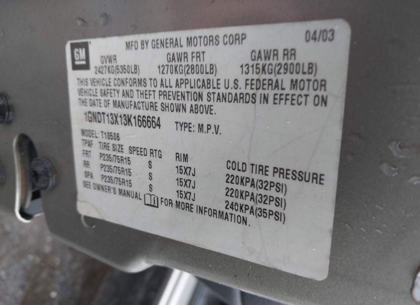 Photo 9 of 2003 Chevrolet Blazer LS (VIN 1GNDT13X13K166664)