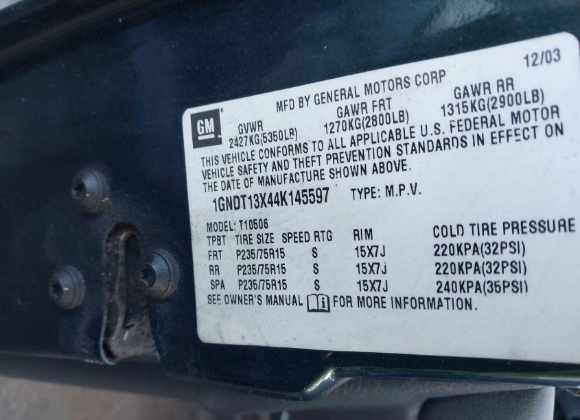 Photo 9 of 2004 Chevrolet Blazer LS (VIN 1GNDT13X44K145597)